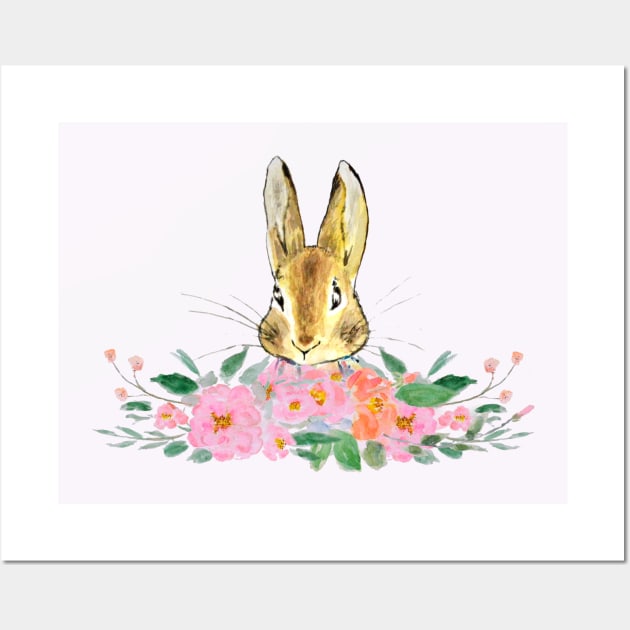 rabbit and camellia flowers watercolor Wall Art by colorandcolor
